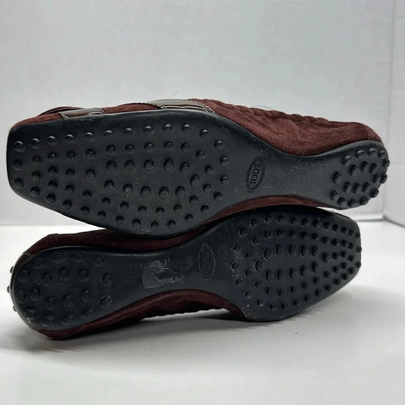 Tods Ballet Flats Slip On Shoes Jeweled Scrunch Back Suede Brown Size 39 US 9 - Picture 9 of 11